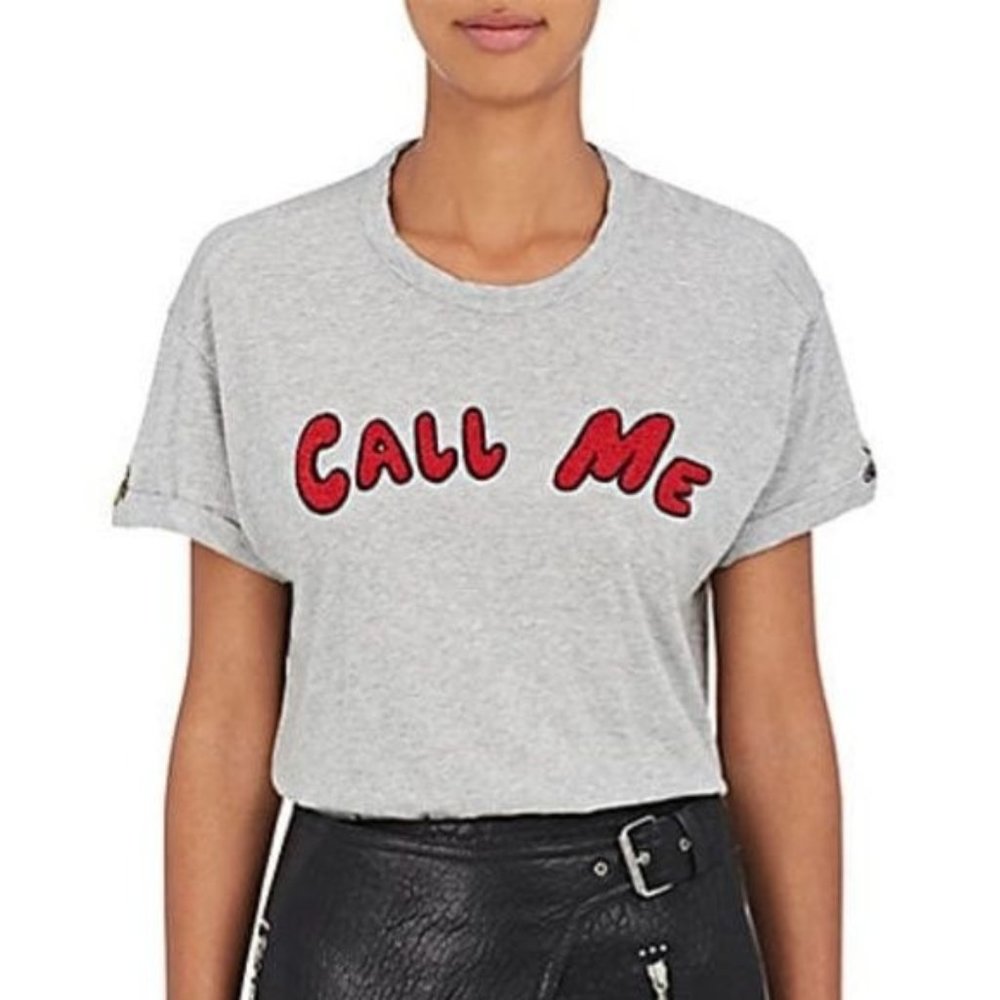 Sandrine Rose X Barney's NY Call Me Cotton Tee T Shirt Chenille Varsity